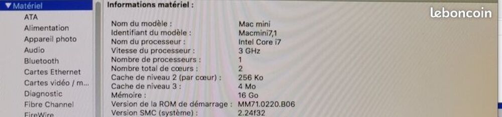 Mac Mini i7, 3GHZ, 16GO RAM, SSD 1 TO Matriel informatique
