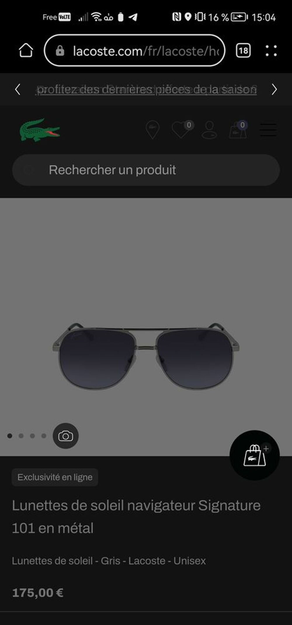 Lunette de soleil lacoste m&eacute;tallis&eacute; Bijoux et montres