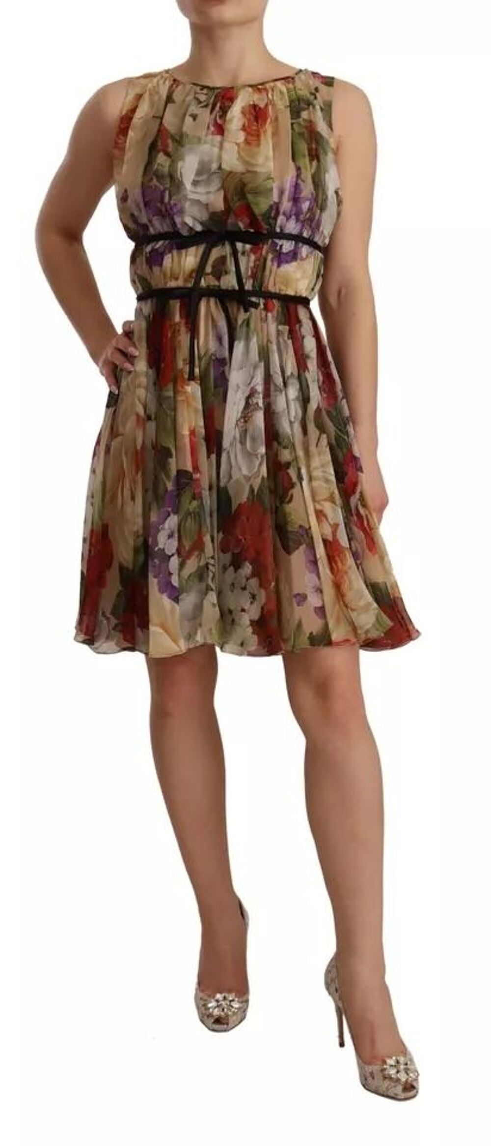 Robe mini beige &agrave; fleurs sans manches et col rond D&amp;G Vêtements