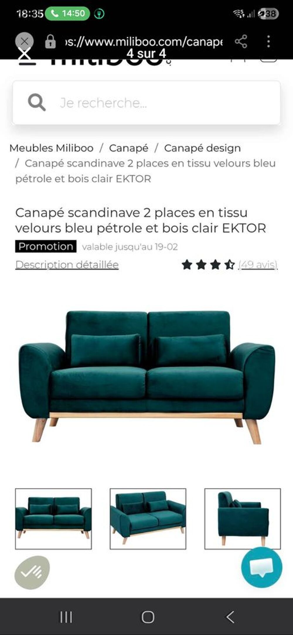 Canap&eacute; scandinave 2 places en tissu velours bleu p&eacute;trole et Meubles