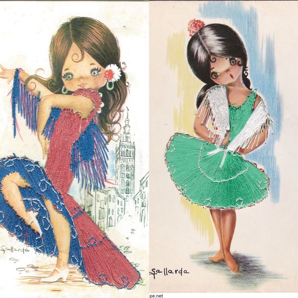 2 CARTES POSTALES BROD&Eacute;ES Costume Folklore Espagne 