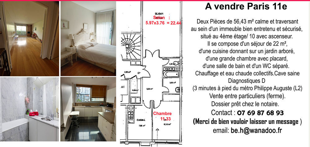 Vente Appartement entre particuliers Deux pièces dans le 11e calme Paris 11