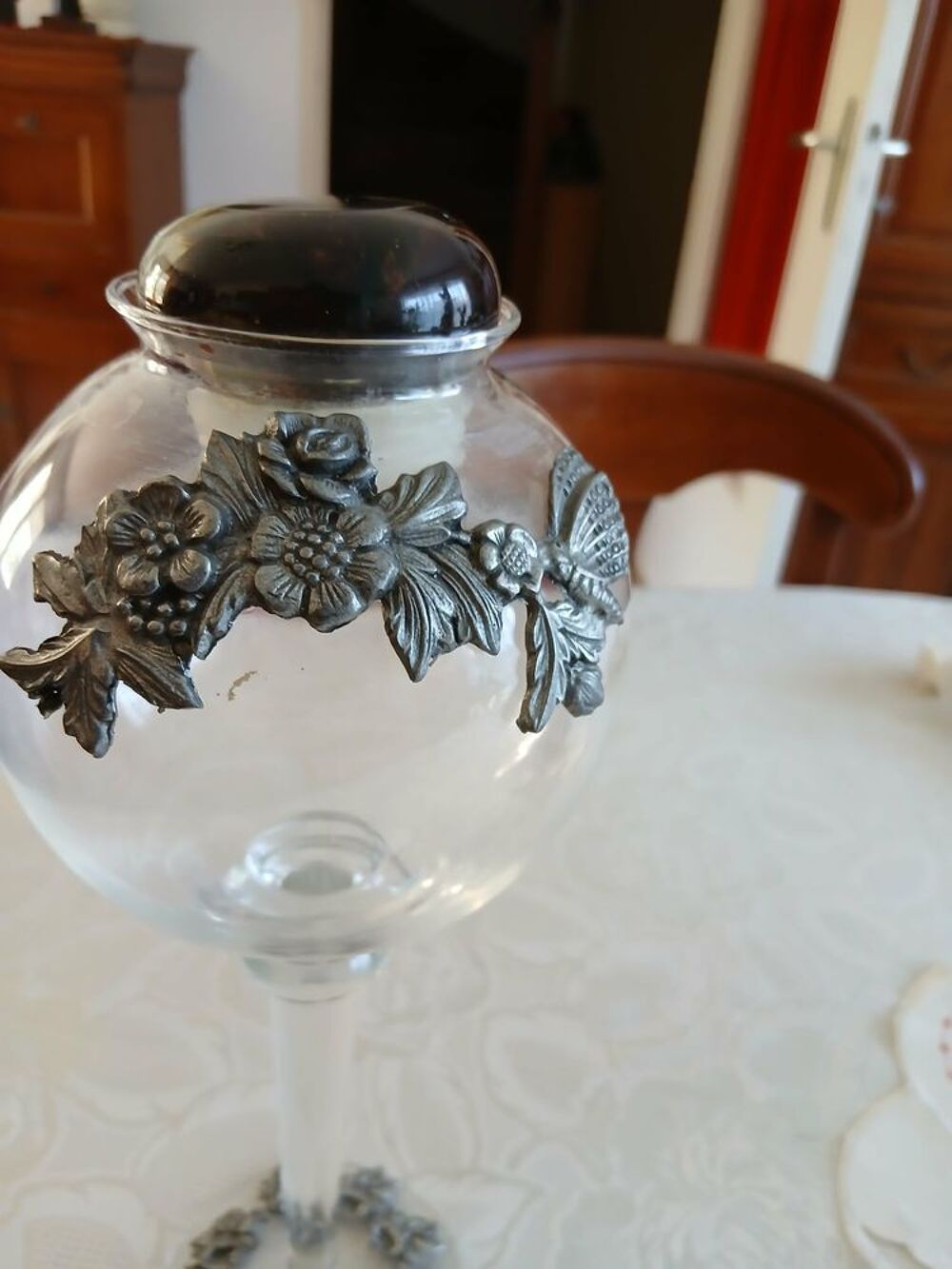Vase photophore bomb&eacute; cristal orn&eacute; d'&eacute;tain N&deg; 1450 Décoration
