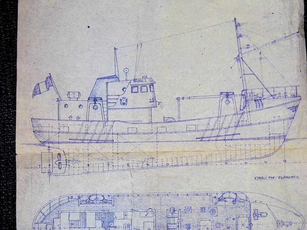 Authentique Chalutier bateau de peche marine mer plan coupe 1963 ADRN 