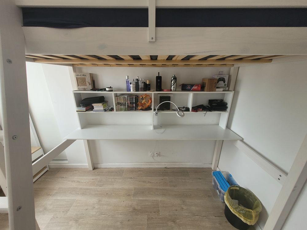 Lit mezzanine 90&times;190 avec bureau int&eacute;gr&eacute; en bois blanc Meubles