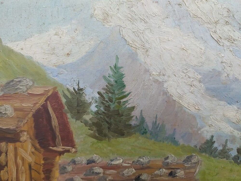 Tableau Paysage Montagne Chalet Sign&eacute; J.Grundler 
