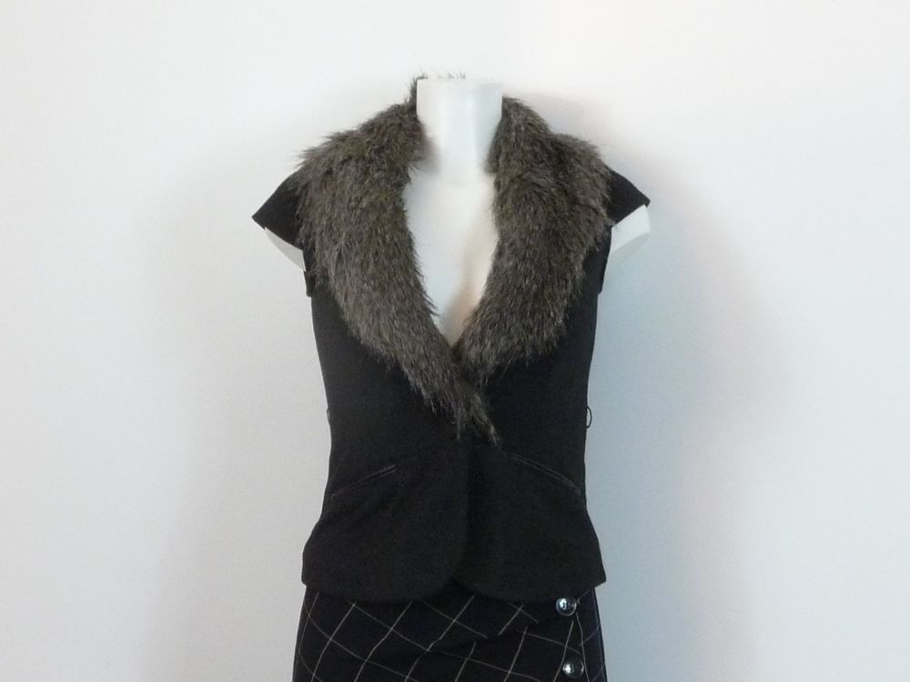 Veste/ Gilet Court Gris Col Fausse Fourrure Amovible- Promod Vêtements