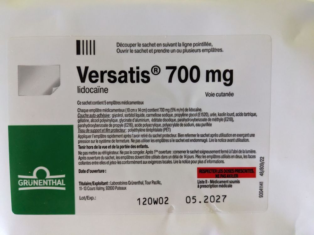 VERSATIS lidoca&iuml;ne 700 mg. 4 paquets de 5 patch = 20 empl&acirc;tr D�coration