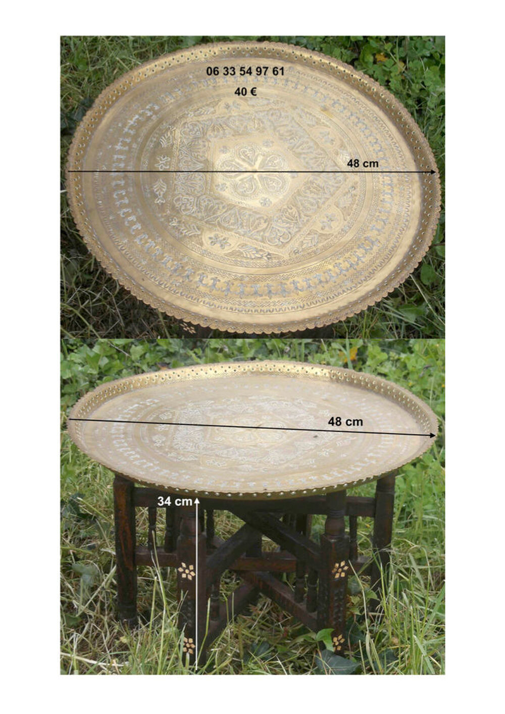2 Tables-plateaux &agrave; th&eacute; orientales, cuivre cisel&eacute; sur pied Meubles