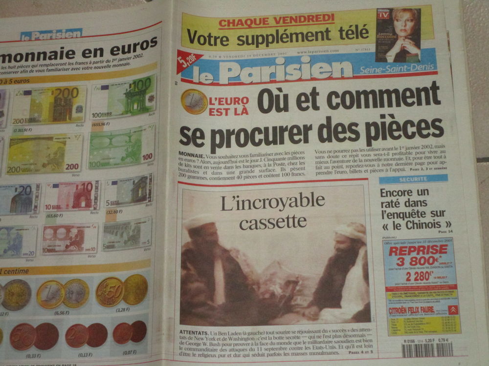 VIEUX JOUNAL DU 14 DECEMBRE 2001 ATTENTATS 11 SEPTEMBRE 