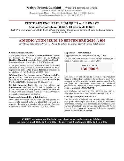   AUX ENCHERES PUBLIQUES - APPARTEMENT GOLFE-JUAN Appartement - 2 pièce(s) - 30 m²