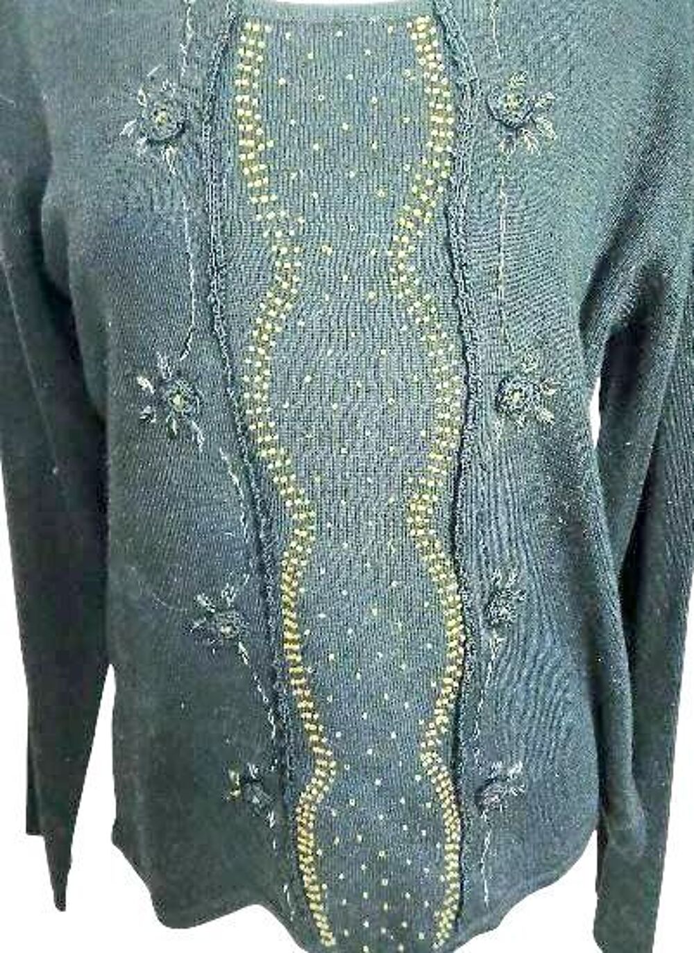 Pull femme noir brod&eacute; perle et fil dor&eacute; Taille 42/44 Vêtements