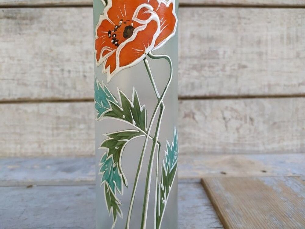 Ancien Vase Verre &Eacute;maill&eacute; D&eacute;cor Fleurs Pavot Style Legras Décoration