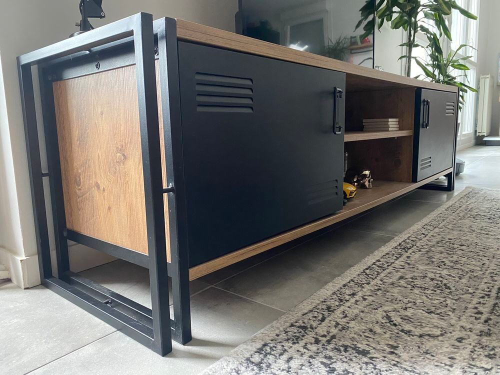 Meuble TV 2 portes imitation pin noir et camel Meubles