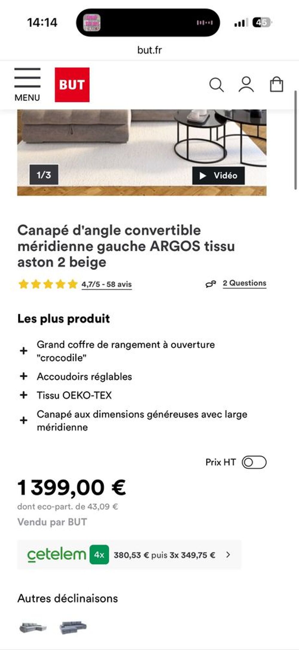 Canap&eacute; d'angle convertible Argos- BUT achet&eacute; en janvier 2024 en parfait &eacute;tat comme neuf Meubles