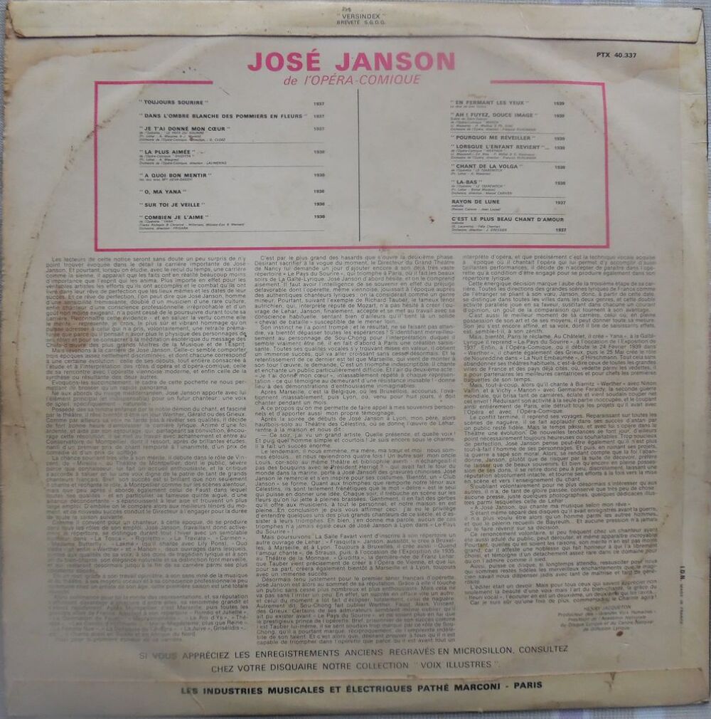 Jos&eacute; Janson chante le pays du sourire 33 tours collector CD et vinyles