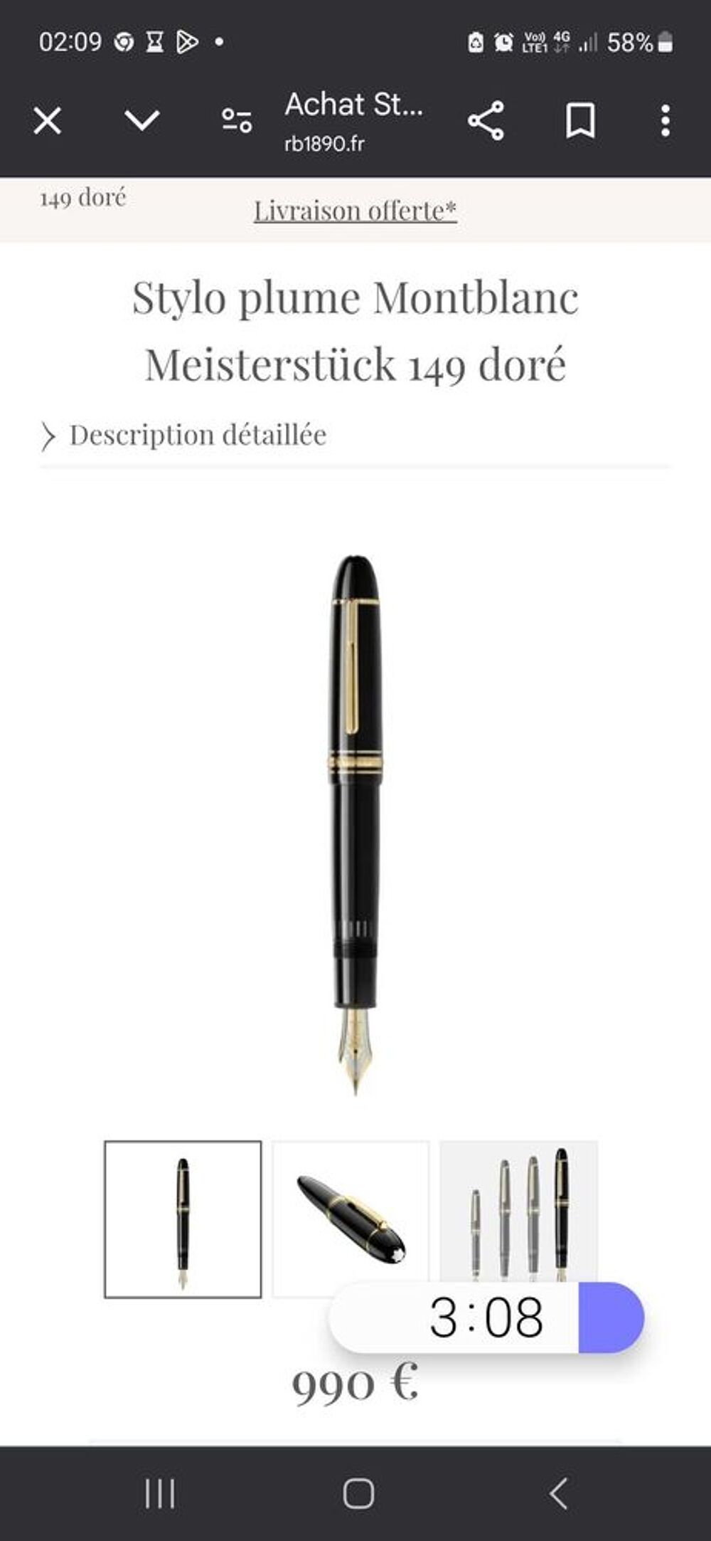 stylo plume Mont Blanc or 18 k valeur 990 c&eacute;d&eacute; 200 