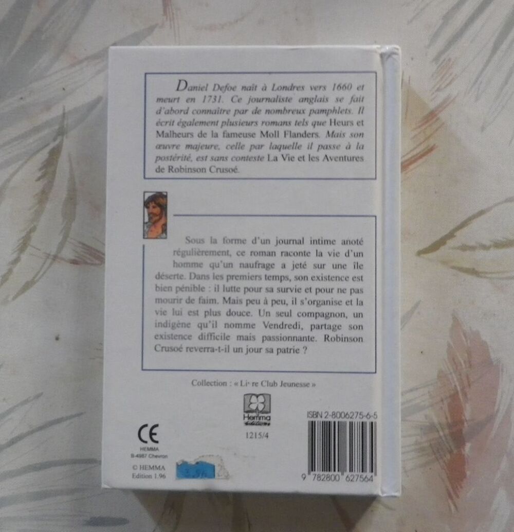ROBINSON CRUSOE de Daniel DEFOE Ed. HEMMA Livre Club Jeuness Livres et BD