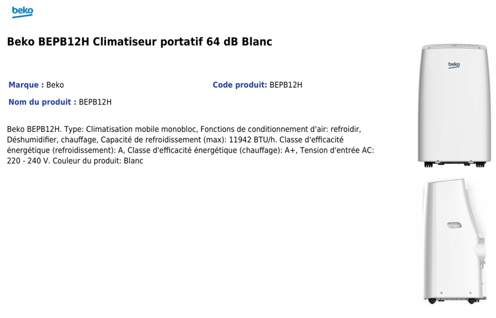 Climatiseur mobile BEKO BEPB12H portatif 64 dB
Electroménager