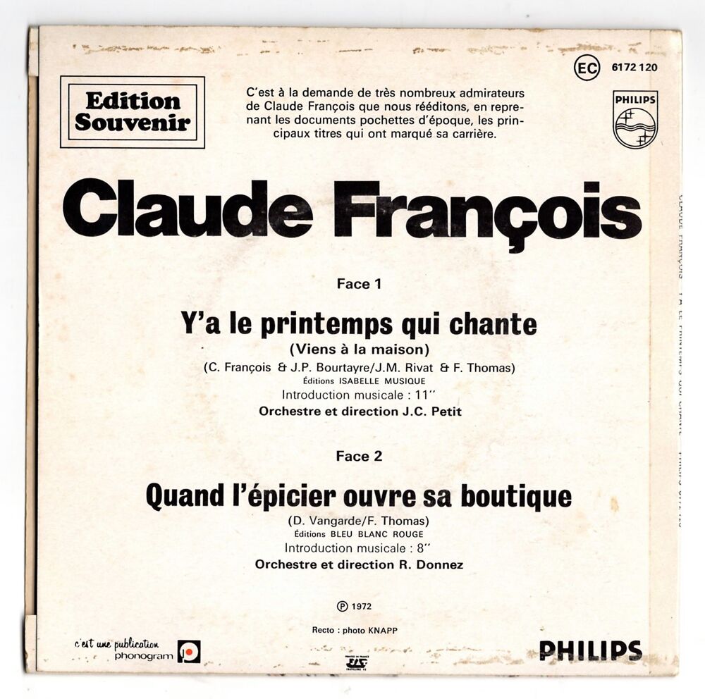 Claude FRANCOIS : Y'a le printemps qui chante - 1972 CD et vinyles