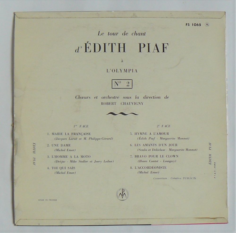 25cm Edith PIAF : Le tour de chant d'Edith PIAF N&deg; 2 - 1955 CD et vinyles