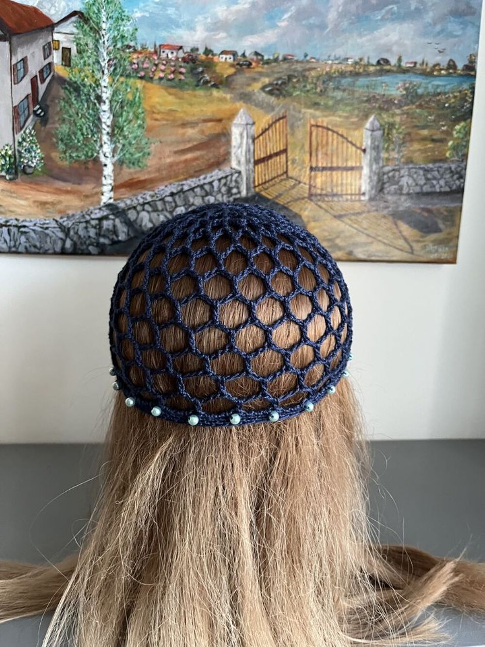 Chapeau Toque Bonnet Bob Bleu fonc&eacute; perles Vêtements
