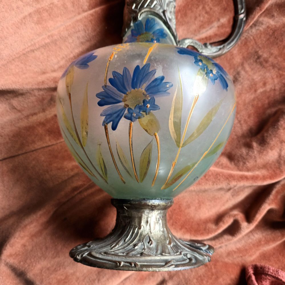 Vase metal verre peint fleurs bleue nature art d&eacute;co salon Décoration