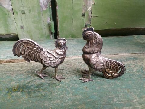 Ancien Petit Coq & Poule en M�tal Argent� 35 Loches (37)