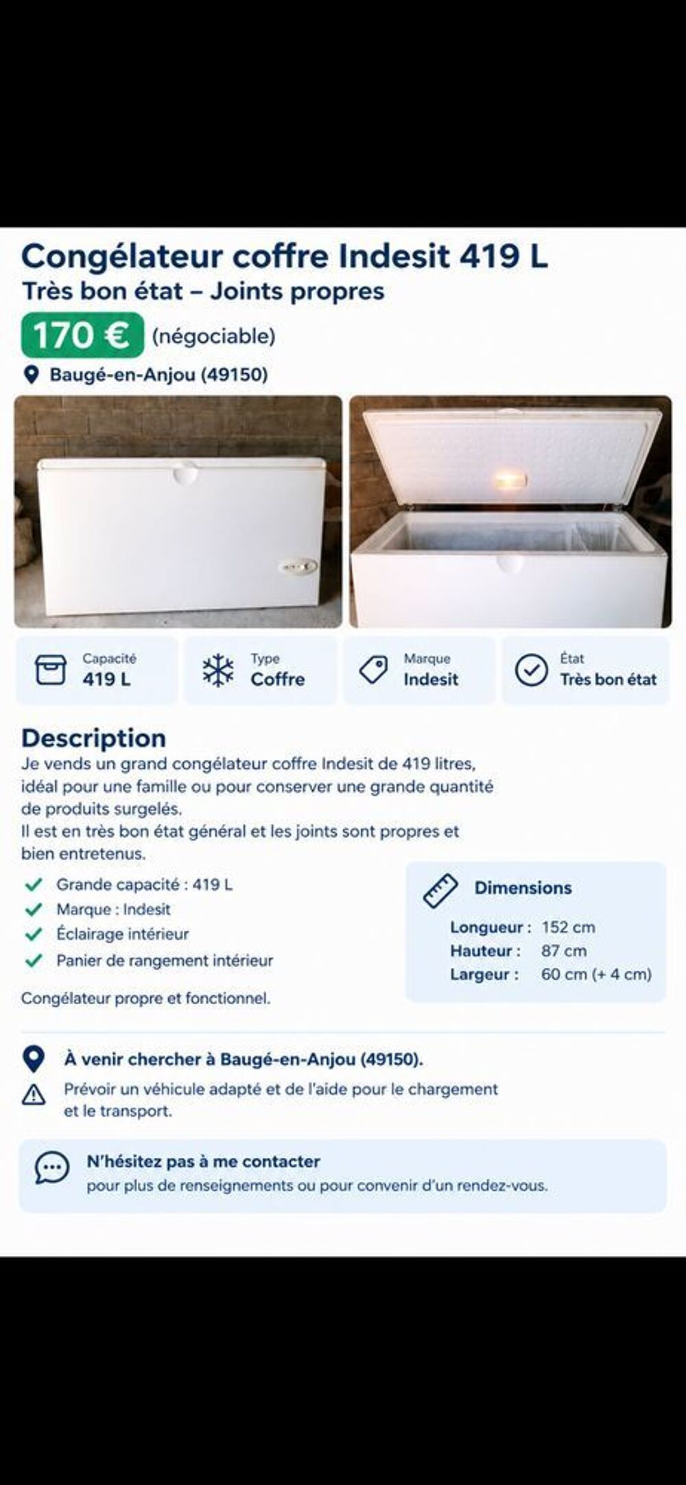 Cong&eacute;lateur coffre 419L Electroménager