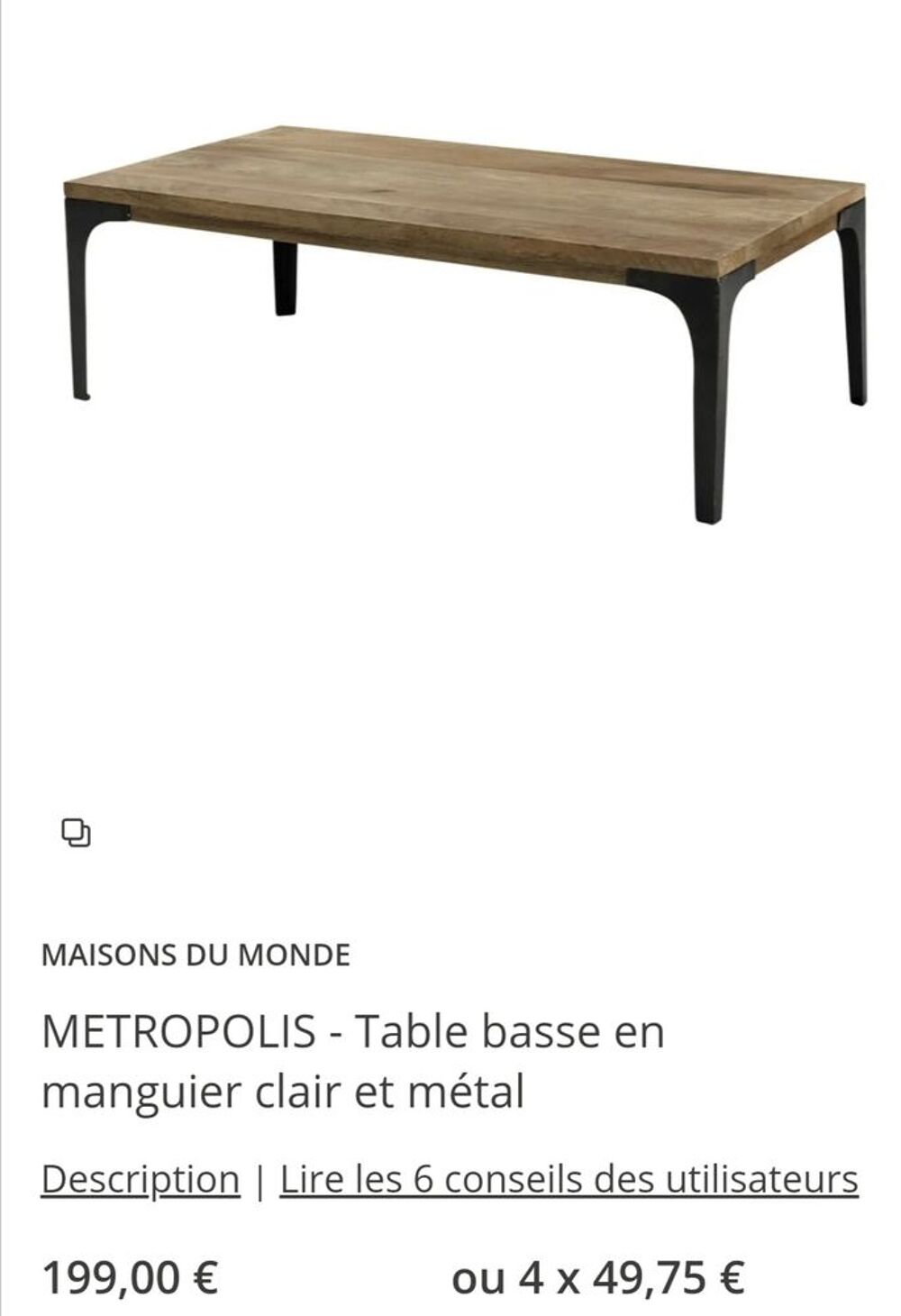 Table basse manguier massif et m&eacute;tal Meubles
