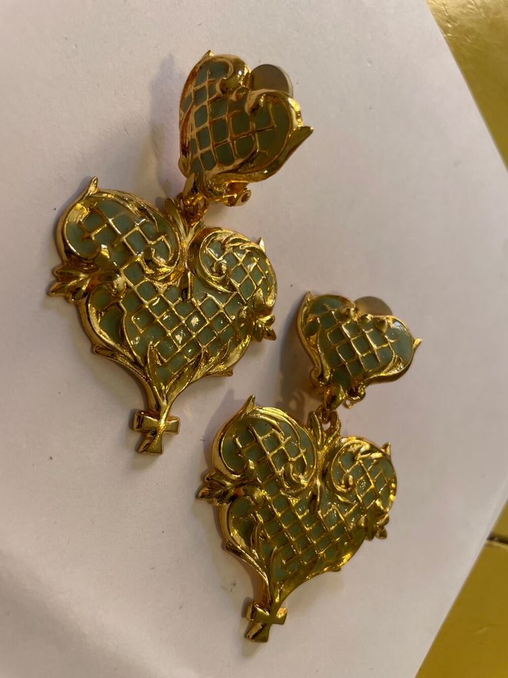 BO Clip coeur croisillons email vert nacr&eacute; + pendant c?ur CL Bijoux et montres