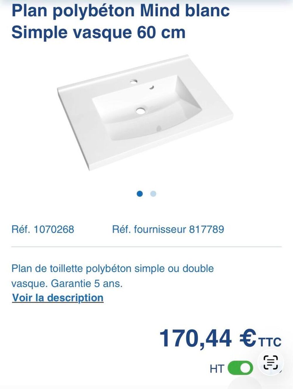 PLAN POLYBETON VASQUE BLANC 60cm Meubles