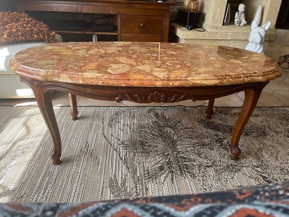 Table basse merisier avec plateau marbre Meubles