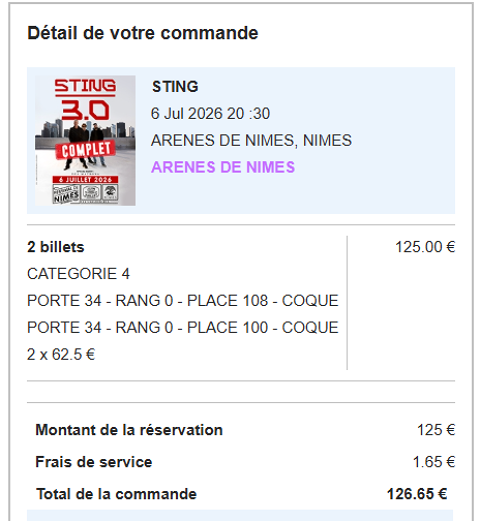 2 places concert Sting ar�nes Nimes
125 Lussat (63)