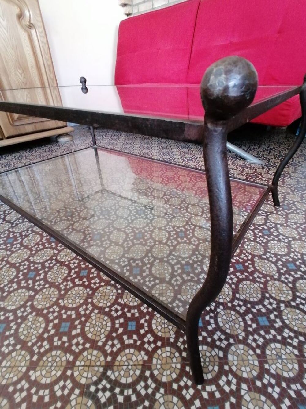Table basse 2 plateaux en verre, structure en fer forg&eacute; Meubles