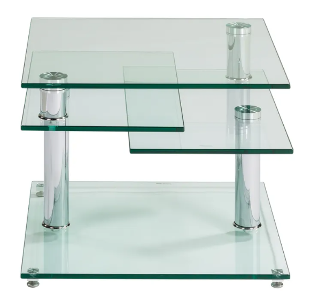 Table basse verre tremp&eacute; et chrom&eacute; avec plateaux pivotants Meubles
