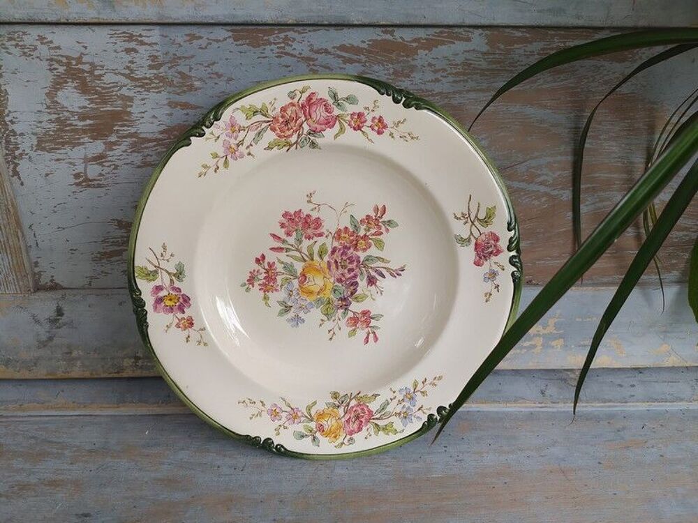 Ancienne Assiette Fa&iuml;ence de Longchamp D&eacute;cor Trianon Fleurs Décoration