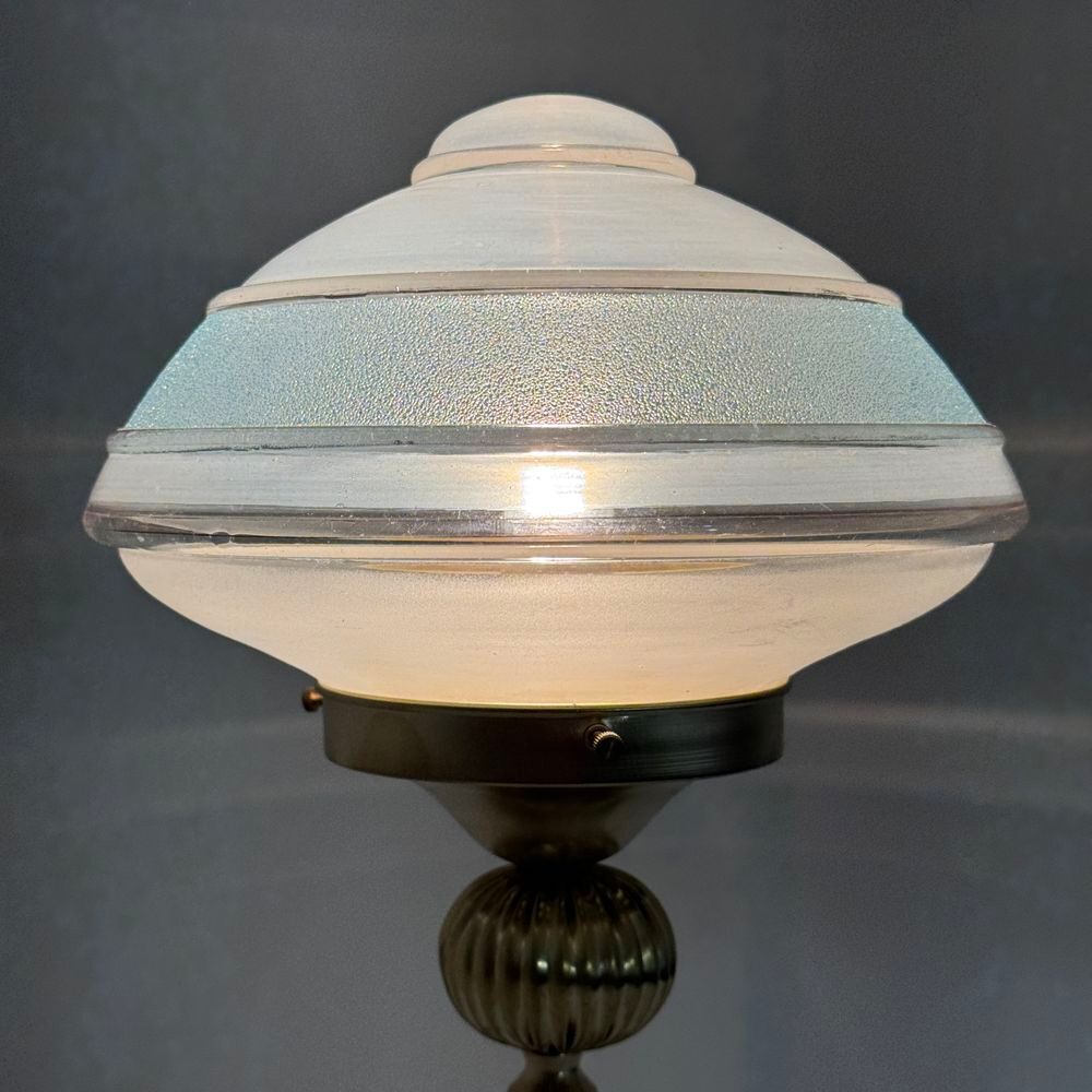 ANCIENNE LAMPE A POSER LAITON &amp; VERRE VINTAGE Décoration