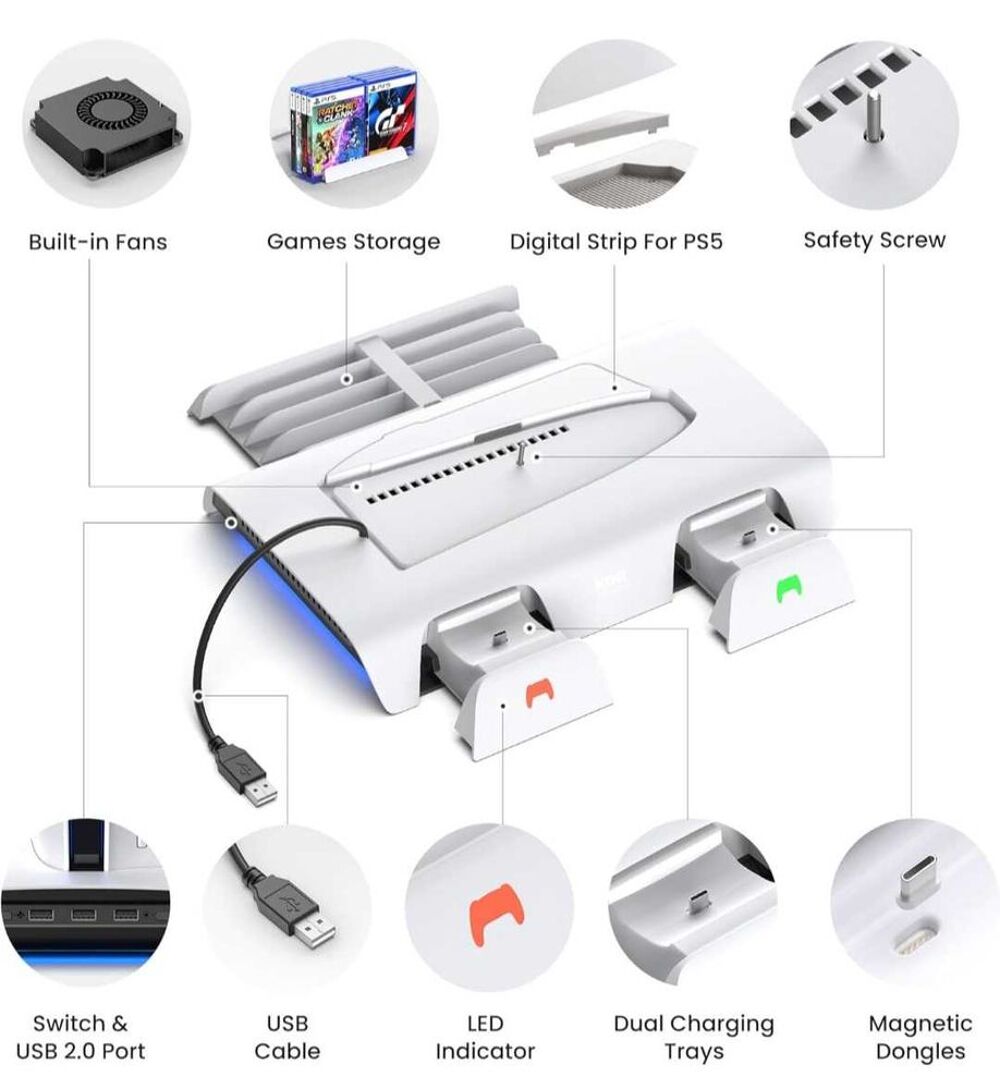 Support Refroidissement Station Charge PS5 Slim avec Contr&ocirc;leur RGB, Chargeur de Manette PS5, Refroidissement &agrave; 2 Niveaux Consoles et jeux vidéos