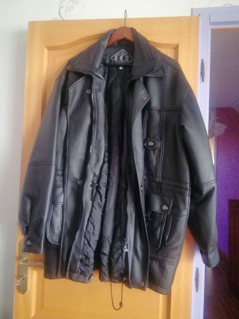 Manteau 3/4 noir simili cuir taille XL Vtements