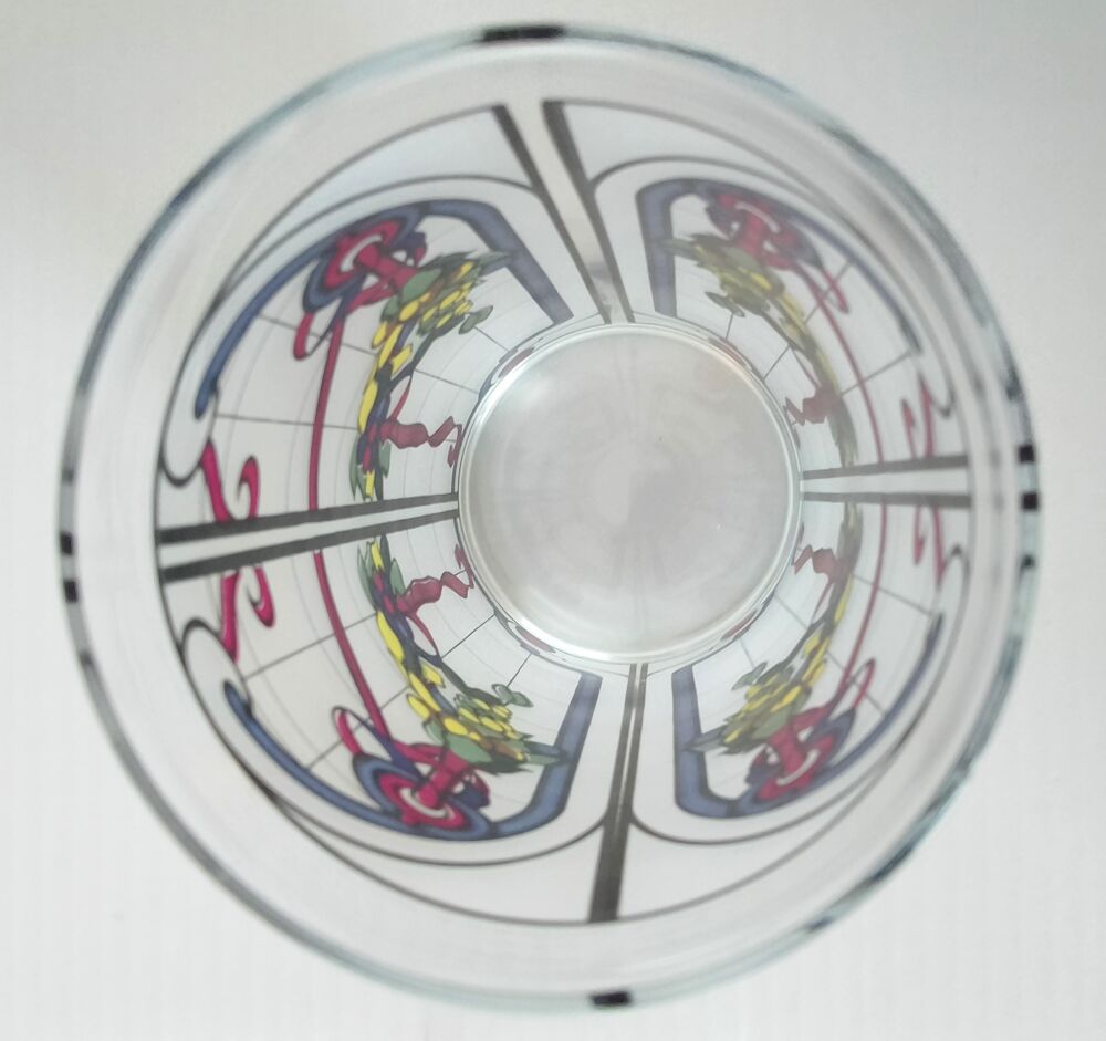Vase en verre transparent &agrave; motif vitrail multicolore TBE Décoration