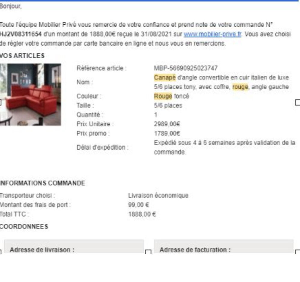 Canap&eacute; angle cuir rouge 2021 Meubles