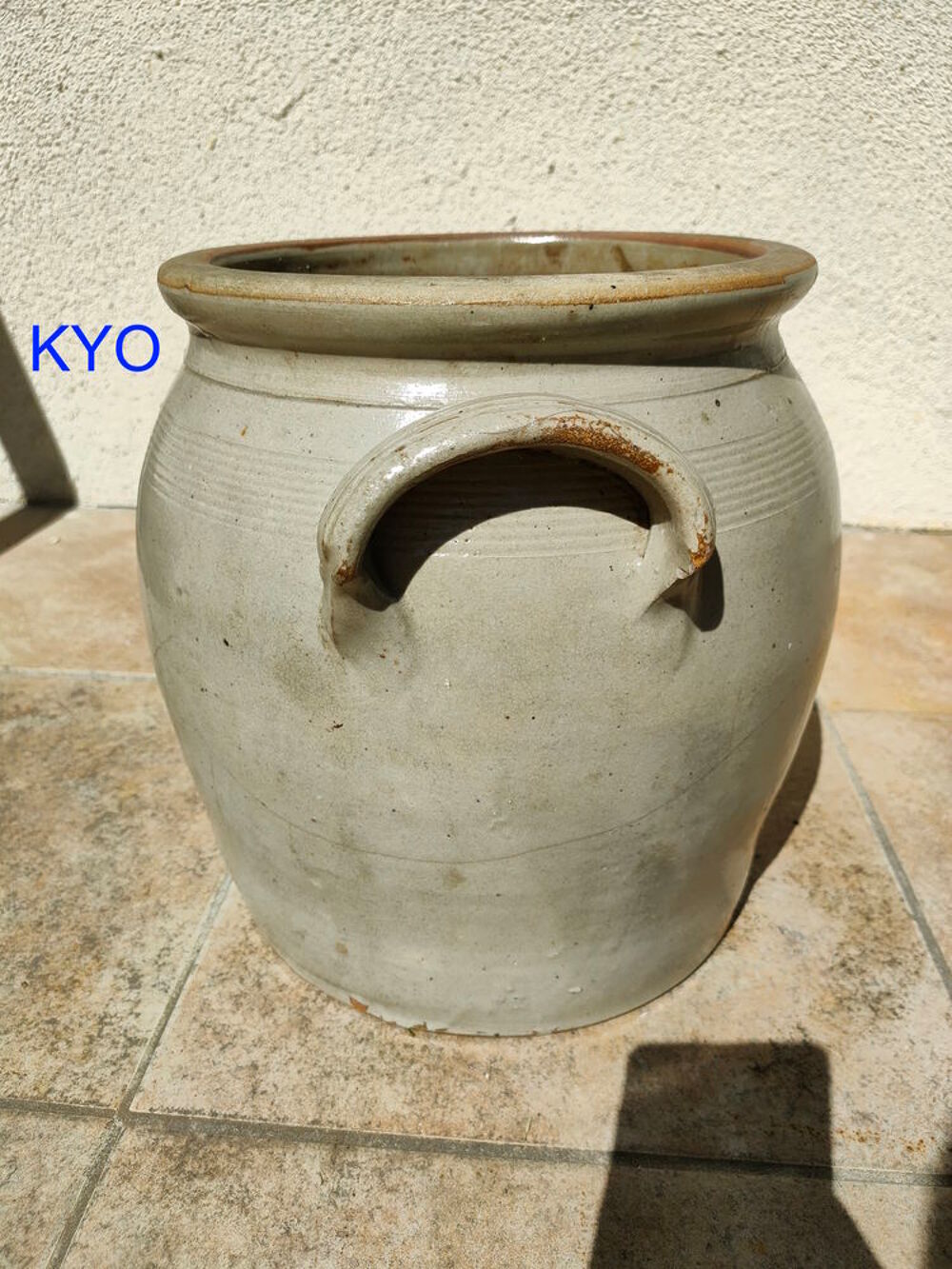Pot/cache-pot rond terre cuite poign&eacute;es gris vintage saloir Jardin