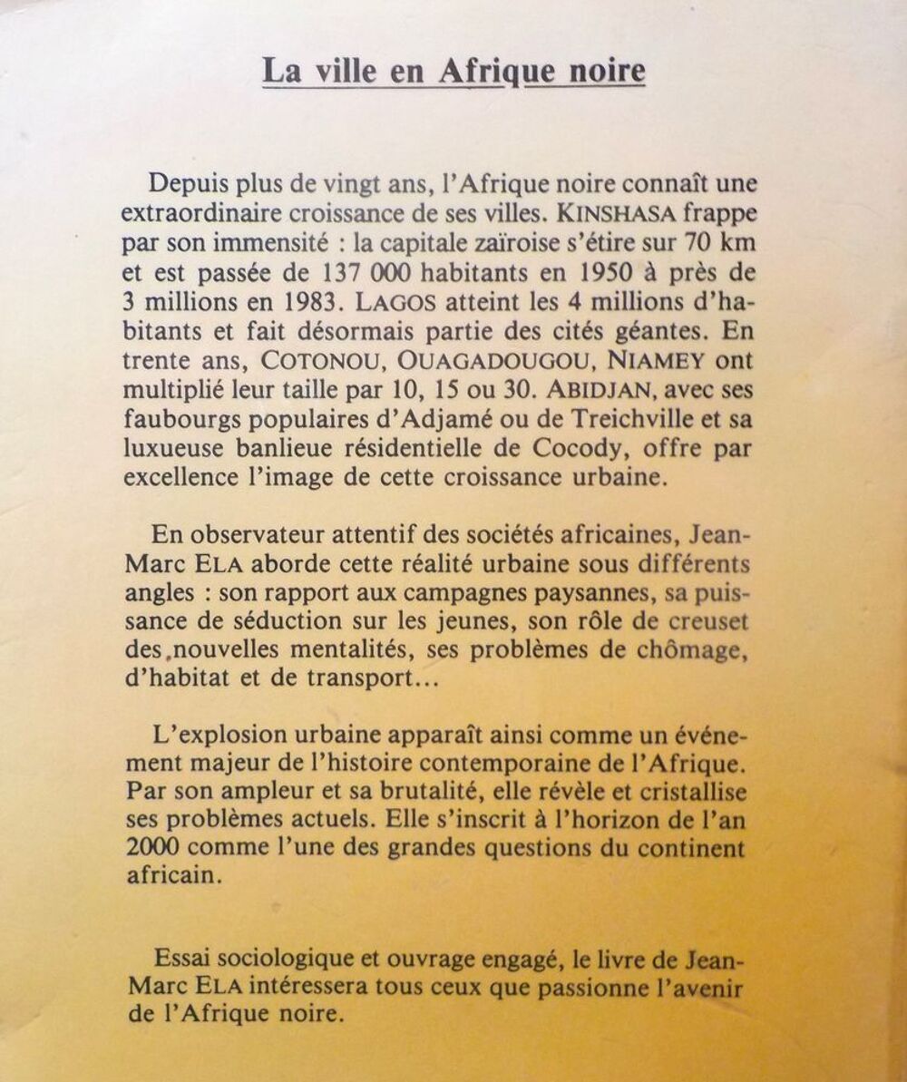 LA VILLE EN AFRIQUE NOIRE par Jean-Marc ELA Ed. Karthala Livres et BD