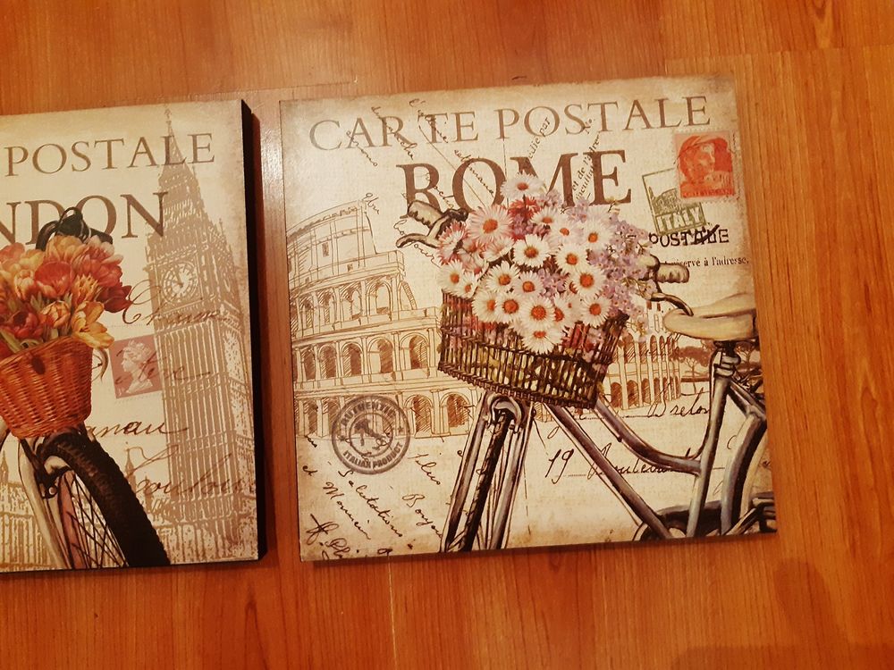 3 tableaux Paris London Rome / capitales bicyclette fleurs Décoration