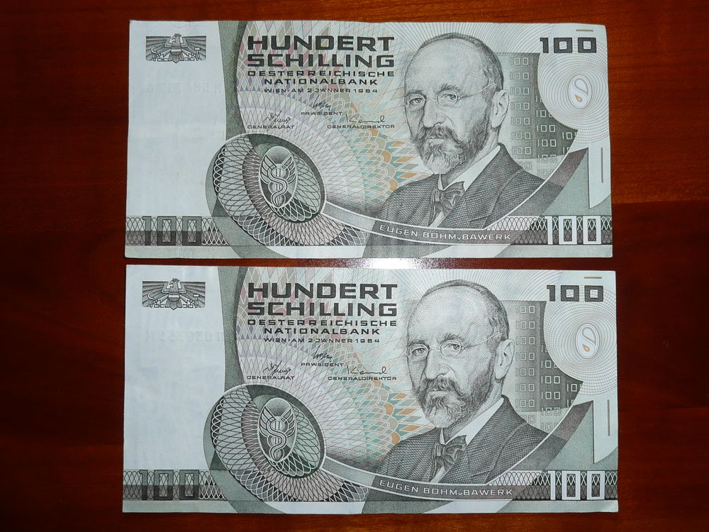 Lot de 2 billets 100 schilling Autriche 1984 
