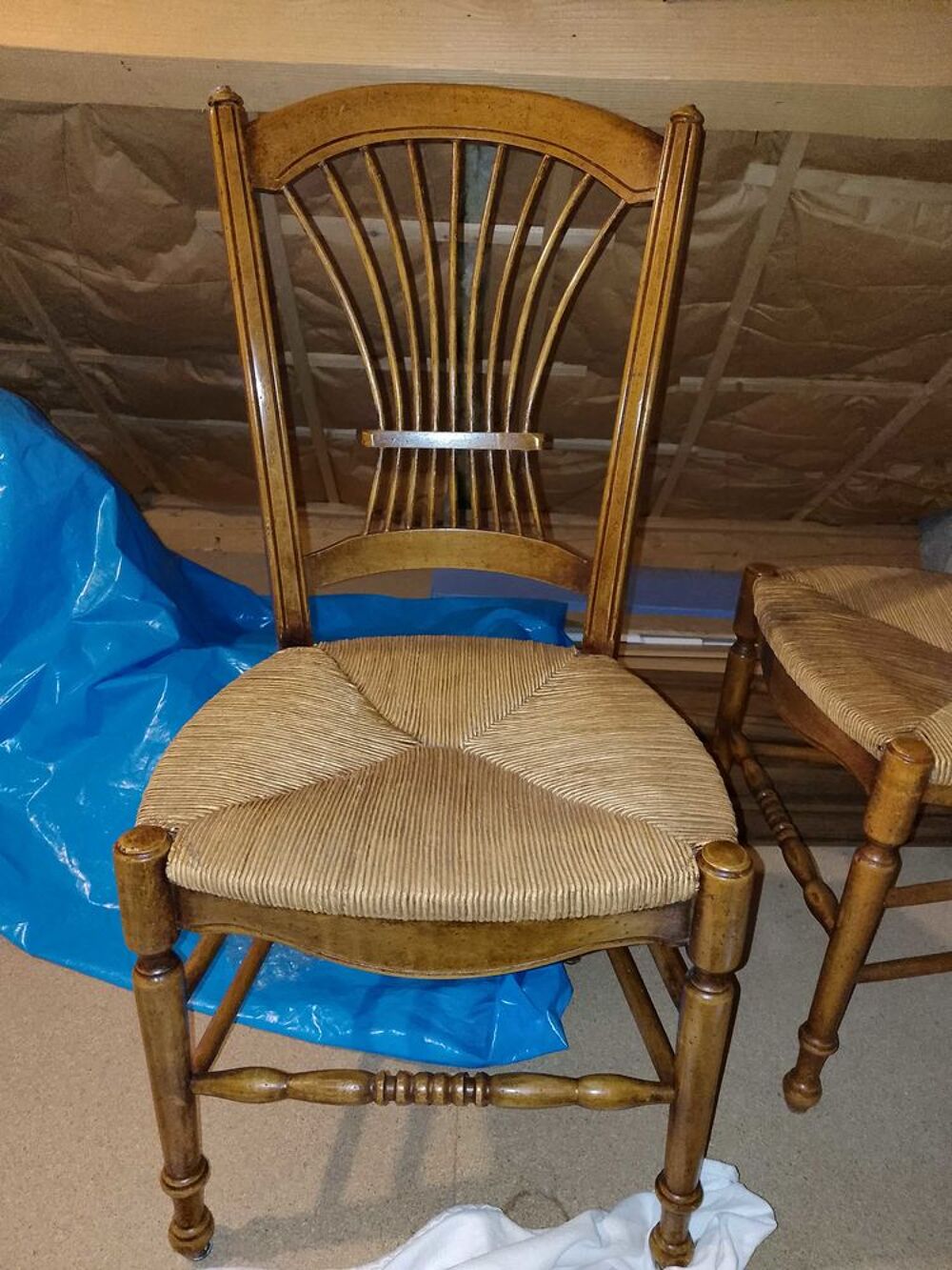 chaises+bois+satin&eacute;,+assise+en+paille Meubles