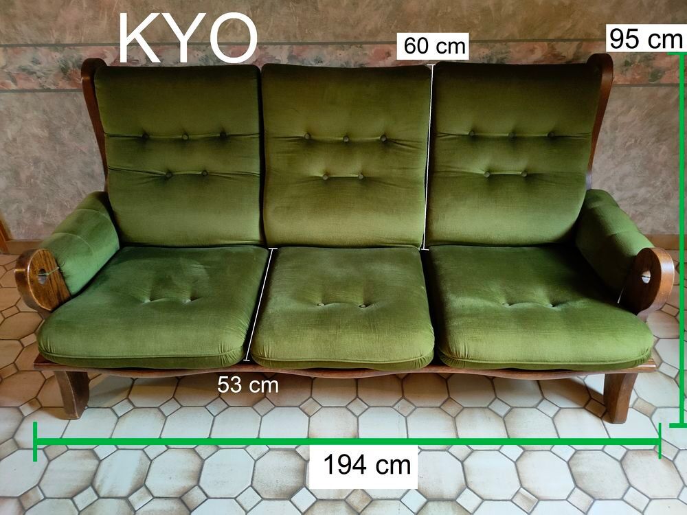 Canap&eacute; droit fixe 3 places, accoudoirs, 194 cm velours vert Meubles
