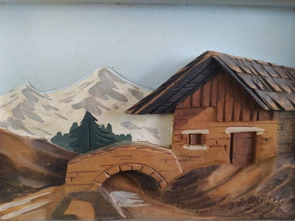 Tableau Chalet Bois Sculpt&eacute; Art Populaire Montagne 1950 Décoration