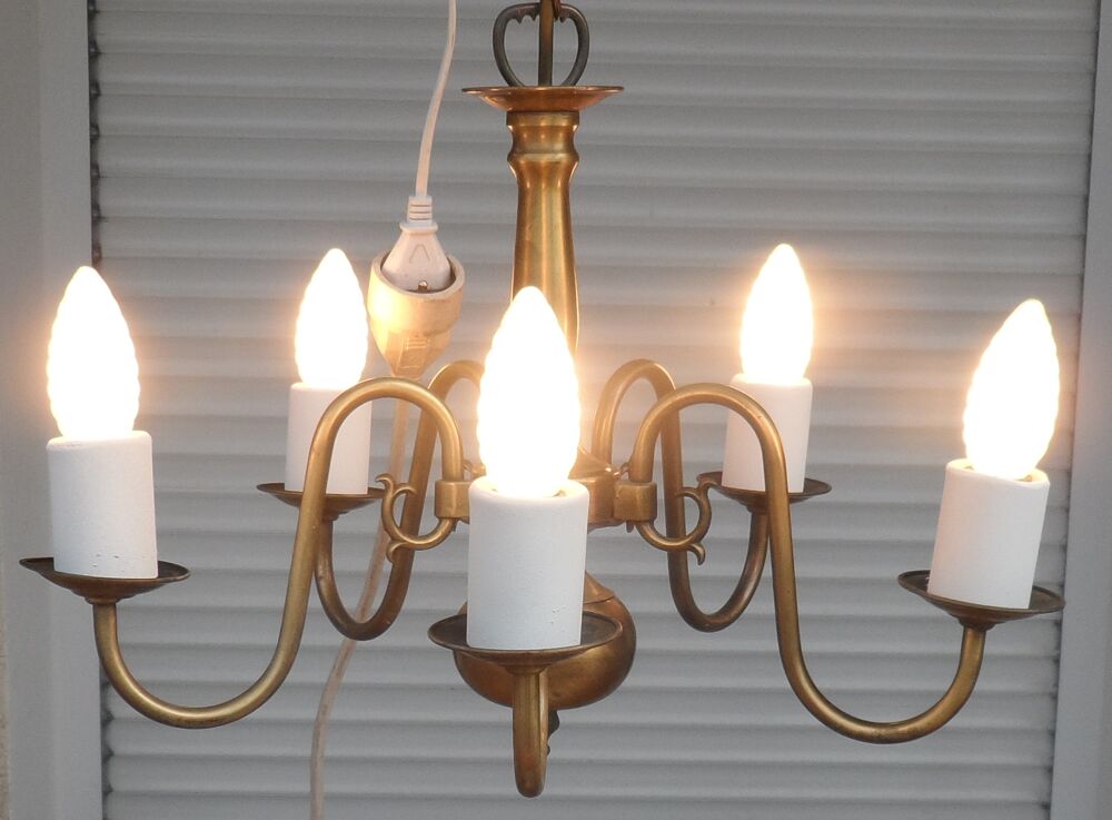 Lustre ancien en laiton 5 branches douilles vis petit culot Décoration